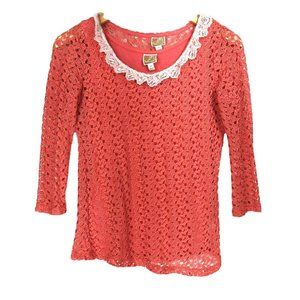 JM Collection PP Blouse Lace Coral Orange Ruffle Floral Sheer Lined Tank Top